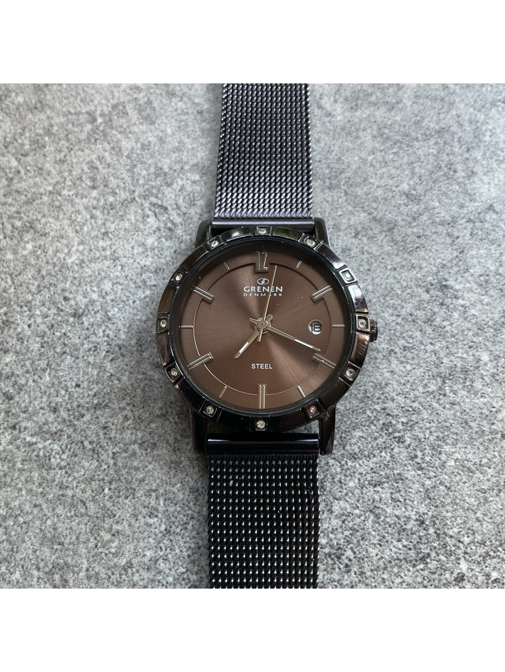 Grenen Denmark Womens Watch 28mm Dark Brown Case Crystal Accent Bezel A19